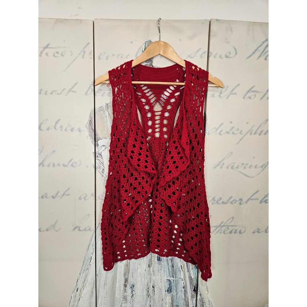 Handmade Crochet Vest OS Red Boho Hippie Open Front Waterfall Racerback Knit
